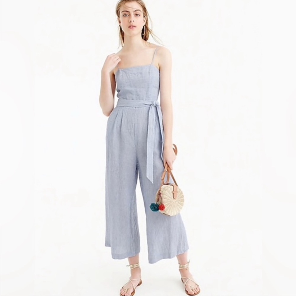 J. Crew Women's Blue and White Stripe 100% Linen Wide Leg Belted Jumpsuit Size 6